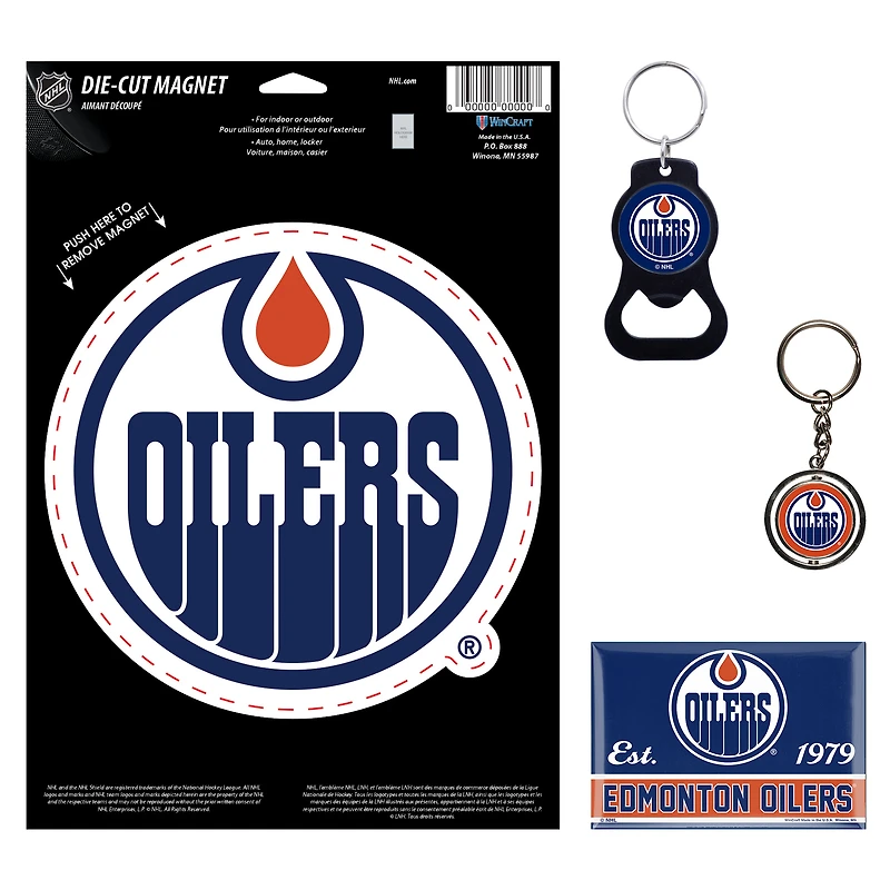 Ensemble de 4 porte-clés et aimants WinCraft Edmonton Oilers