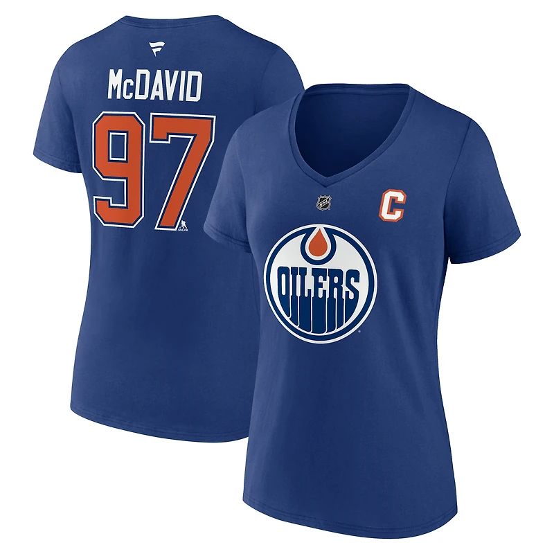 T-shirt à col en V avec nom et numéro de capitaine des Oilers d'Edmonton, Connor McDavid, Fanatics pour femmes