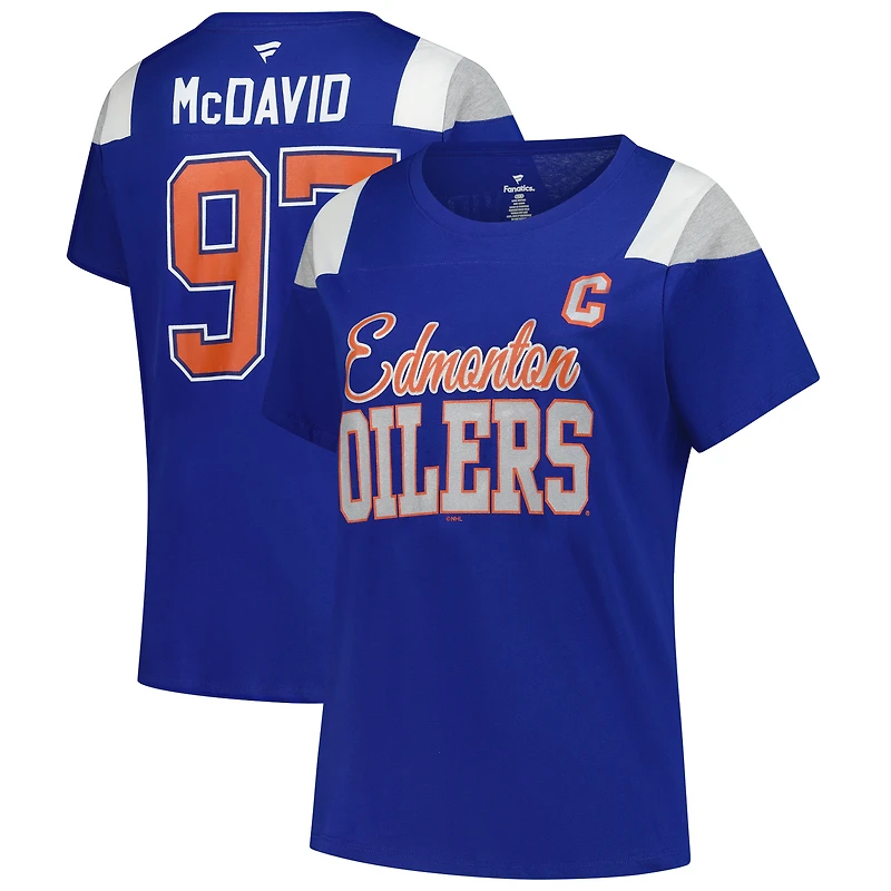 T-shirt à col rond taille plus avec nom et numéro Fanatics Connor McDavid Royal Edmonton Oilers pour femmes