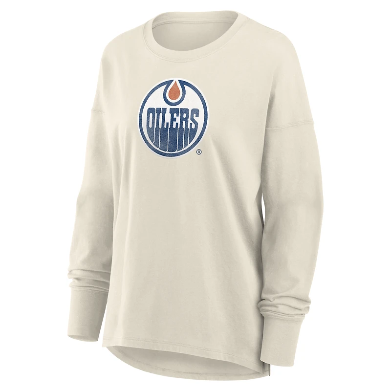Women's Fanatics Cream Edmonton Oilers Distressed Logo Long Sleeve T-Shirt