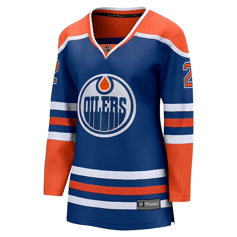 Maillot de joueur échappé à domicile des Royal Edmonton Oilers d'Evan Bouchard, fanatiques féminines