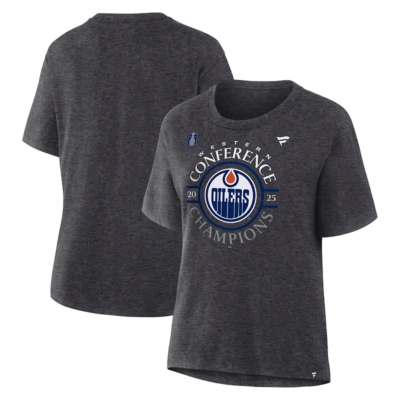 T-shirt Fanatics Heather Charcoal pour femmes, champion de la Conférence Ouest 2025 des Oilers d'Edmonton, vestiaire