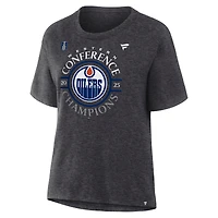 T-shirt Fanatics Heather Charcoal pour femmes, champion de la Conférence Ouest 2025 des Oilers d'Edmonton, vestiaire