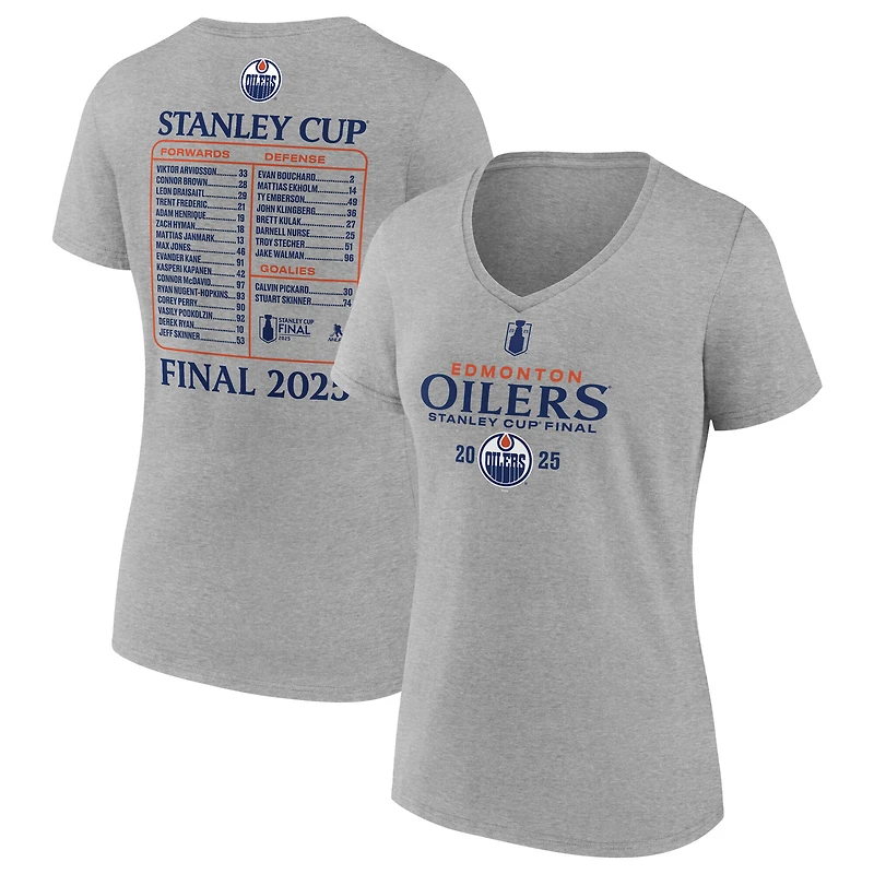 T-shirt col V gris chiné Fanatics pour femmes, alignement des Oilers d'Edmonton la finale de Coupe Stanley 2025