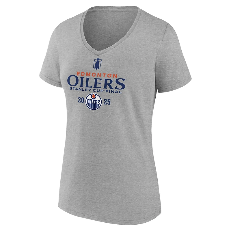 T-shirt col V gris chiné Fanatics pour femmes, alignement des Oilers d'Edmonton la finale de Coupe Stanley 2025