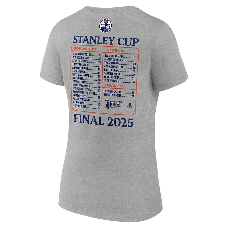 T-shirt col V gris chiné Fanatics pour femmes, alignement des Oilers d'Edmonton la finale de Coupe Stanley 2025