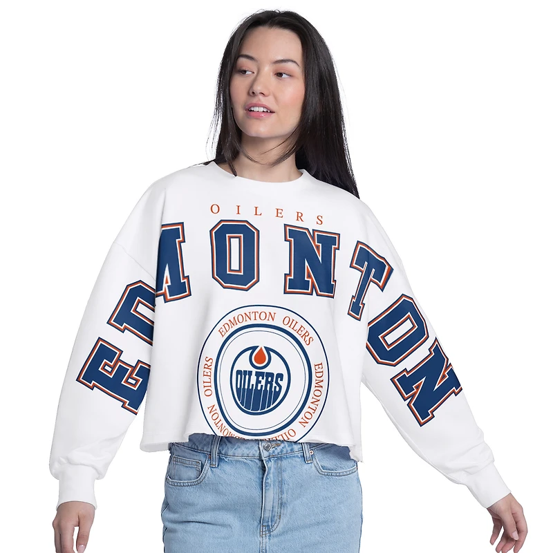 Women's G-III 4Her by Carl Banks White Edmonton Oilers Bleachers Oversized Cropped Sweatshirt