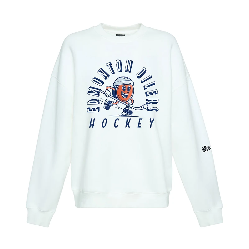 Sweat-shirt oversize Hype and Vice blanc pour femmes, à l'effigie de la mascotte des Oilers d'Edmonton.