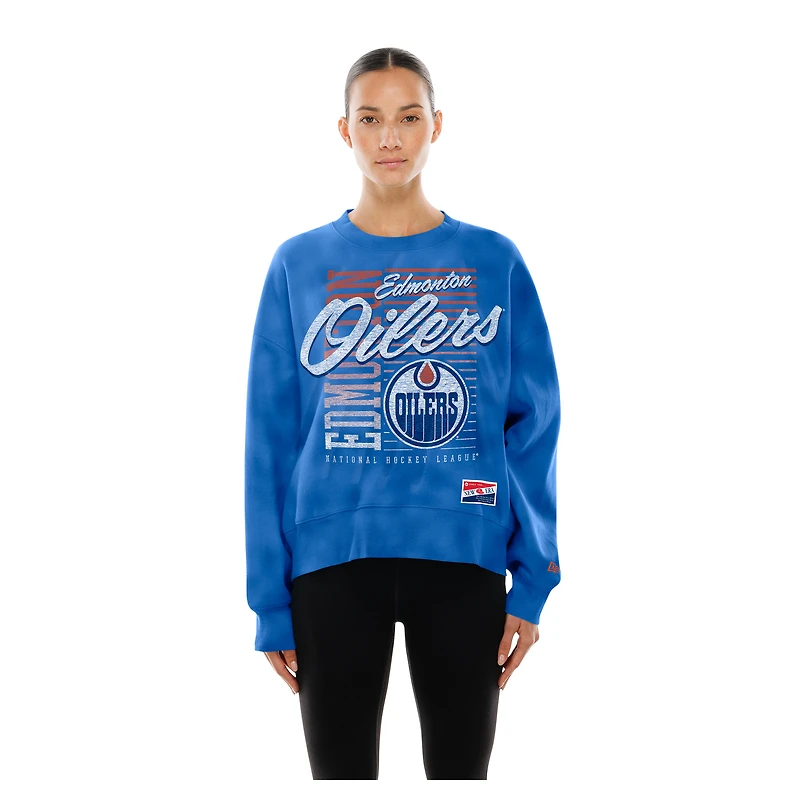 Women's New Era Blue Edmonton Oilers Boxy Mineral Wash Dolman Sleeve Cropped Sweatshirt