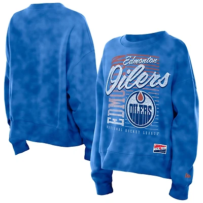 Women's New Era  Blue Edmonton Oilers Boxy Mineral Wash Dolman Sleeve Cropped Sweatshirt