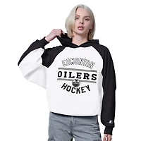 Women's Starter  White/Black Edmonton Oilers Bootleg Cropped Raglan Hoodie
