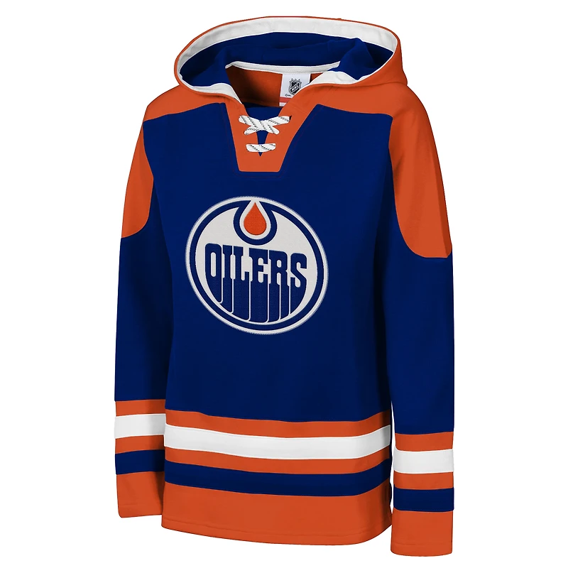 Sweat à capuche lacets et col en V bleu pour jeunes des Oilers d'Edmonton
