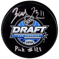 Zach Hyman Edmonton Oilers a dédicacé une rondelle de hockey avec logo du repêchage 2010 de la LNH avec inscription « Pick #123 »