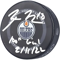 Rondelle de jeu officielle autographiée par Zach Hyman des Oilers d'Edmonton, modèle 2021, avec inscription « 100th Goal 2/ 11/22 »
