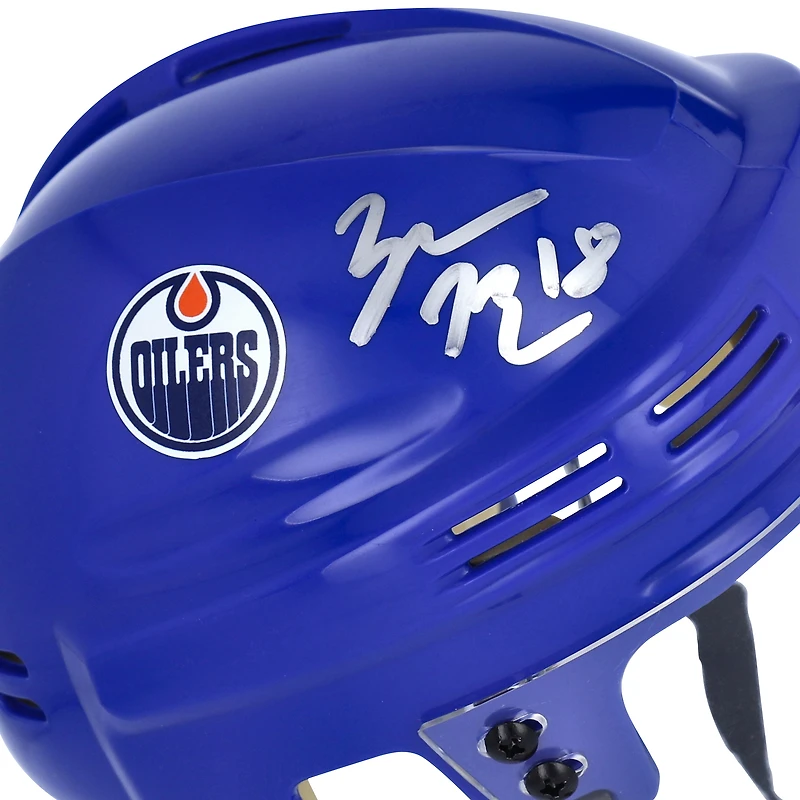 Casque mini bleu autographié par Zach Hyman des Oilers d'Edmonton