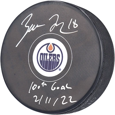 Rondelle de hockey autographiée par Zach Hyman des Oilers d'Edmonton avec l'inscription « 100th Goal 11»