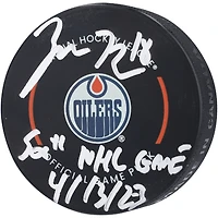 Rondelle de match officielle autographiée par Zach Hyman des Oilers d'Edmonton avec l'inscription « 500th NHL Game 4/13/23 »