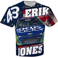 Men's Checkered Flag White Erik Jones FOCUS factor Sublimated Patriotic Total Print T-Shirt