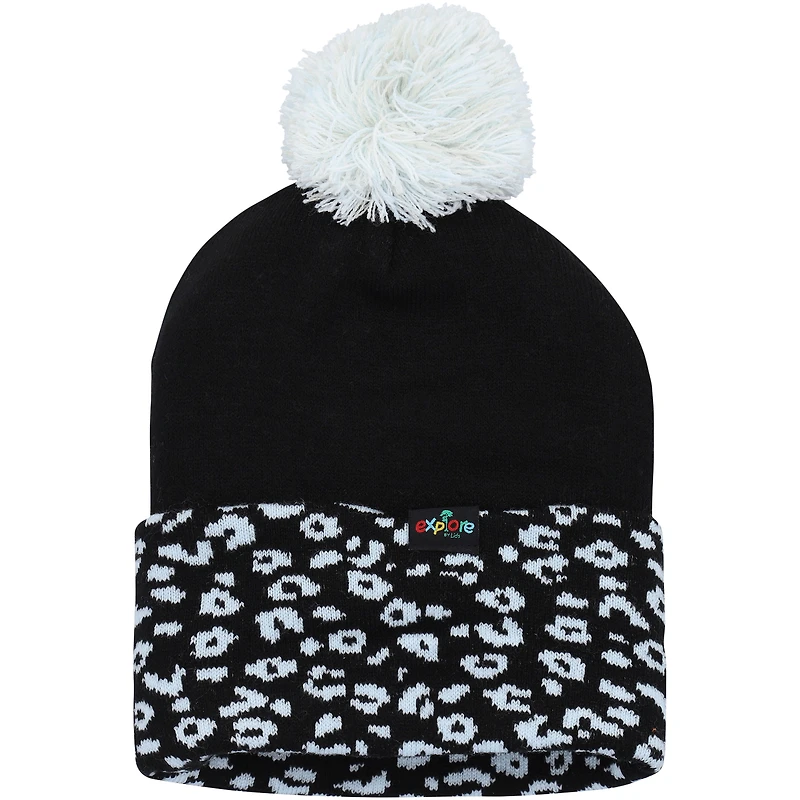Bonnet en tricot noir Snow Leopard à revers avec pompon pour jeune