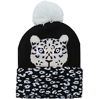 Bonnet en tricot noir Snow Leopard à revers avec pompon pour jeune