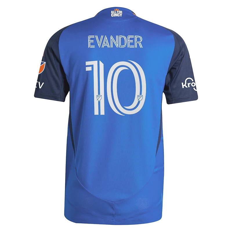 Maillot authentique de terrain adidas Evander da Silva Ferreira bleu FC Cincinnati 2025 Orange et Legacy Kit pour homme