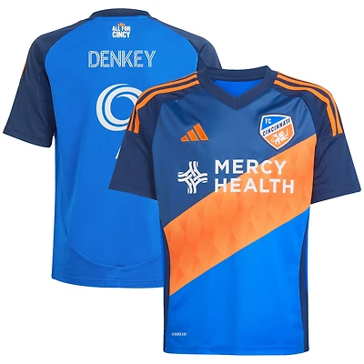 Youth adidas Kévin Denkey Blue FC Cincinnati 2025 Orange and Legacy Kit Replica Player Jersey