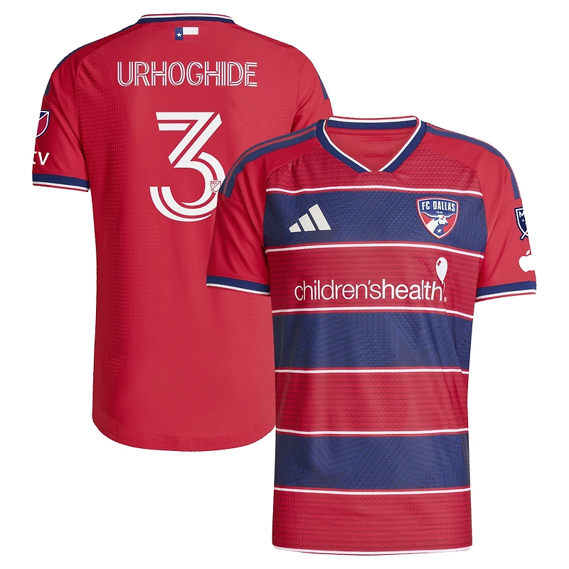 Maillot authentique adidas Osaze Urhoghide rouge FC Dallas 2026 DNA Kit pour homme, avec patch sur le terrain