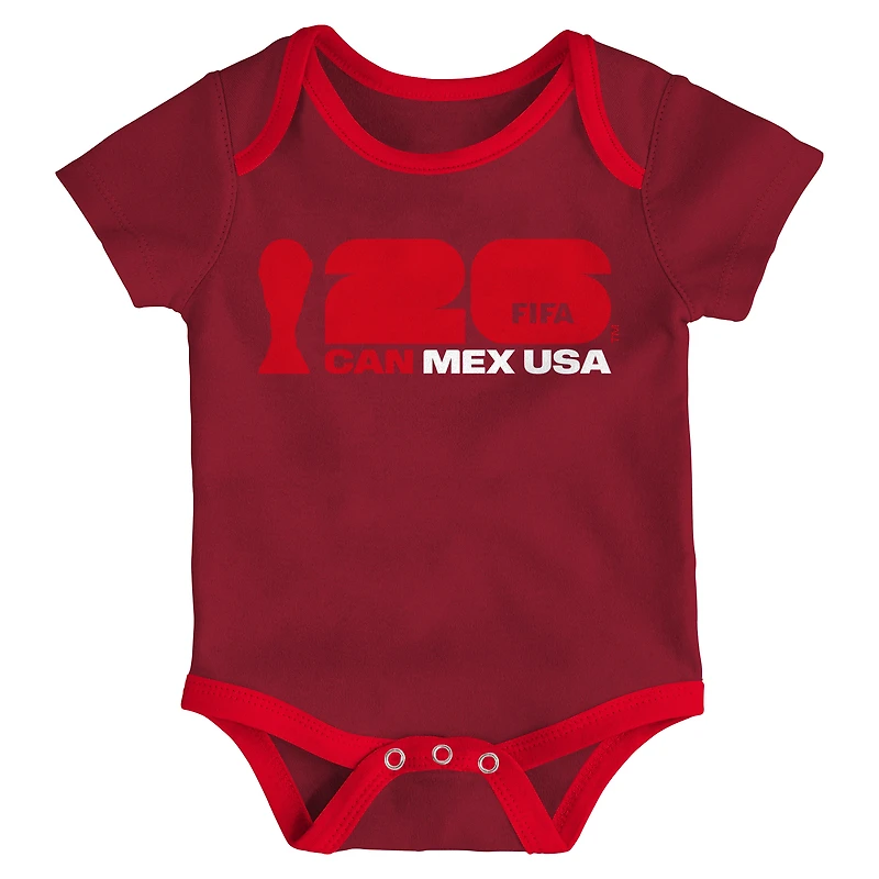Ensemble de 3 bodies Outerstuff rouge et blanc pour bébé, aux couleurs du Canada, la Coupe Monde FIFA 2026.