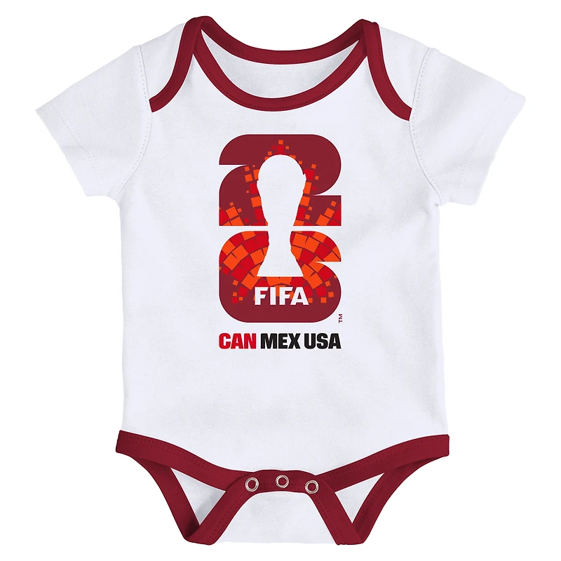 Ensemble de 3 bodies Outerstuff rouge et blanc pour bébé, aux couleurs du Canada, la Coupe Monde FIFA 2026.