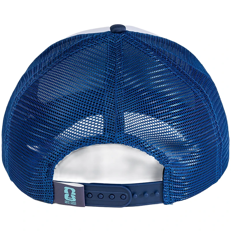 Casquette trucker unisexe blanche et bleue, modèle phare de la Coupe du Monde de la FIFA 2026 à New York et au New Jersey, en mousse ajustable