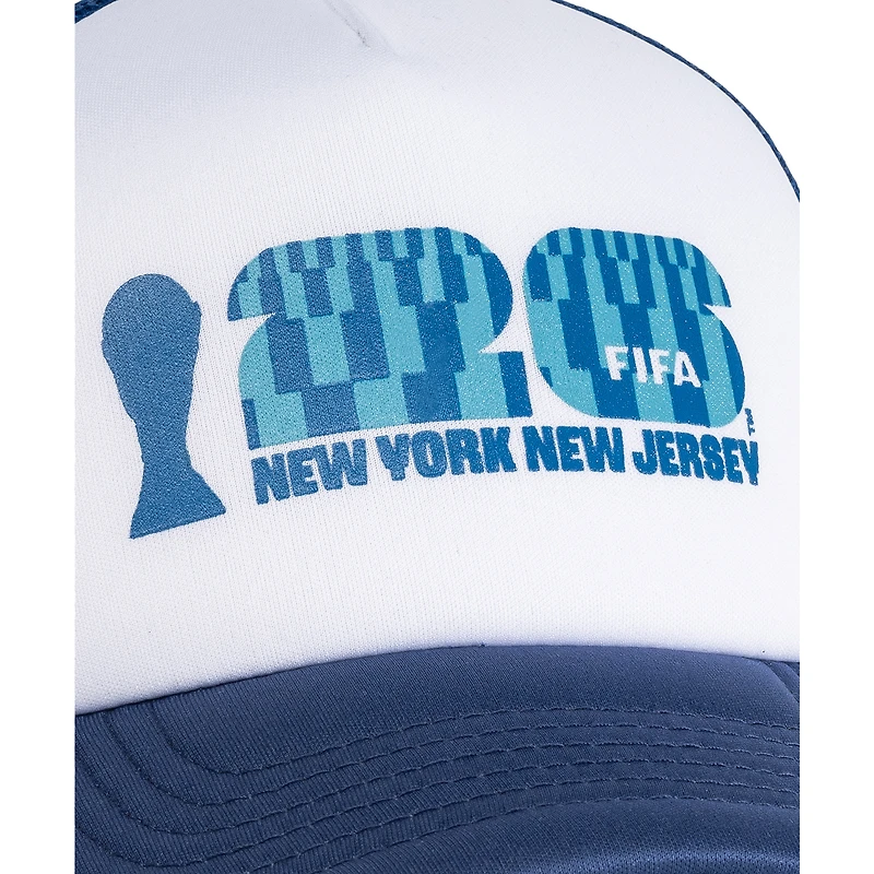 Casquette trucker unisexe blanche et bleue, modèle phare de la Coupe du Monde de la FIFA 2026 à New York et au New Jersey, en mousse ajustable