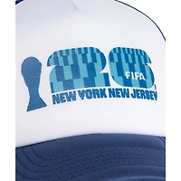 Casquette trucker unisexe blanche et bleue, modèle phare de la Coupe du Monde de la FIFA 2026 à New York et au New Jersey, en mousse ajustable