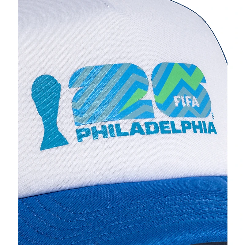 Casquette trucker unisexe blanche et bleue FIFA Coupe du Monde 2026 Philadelphie, en mousse, ajustable