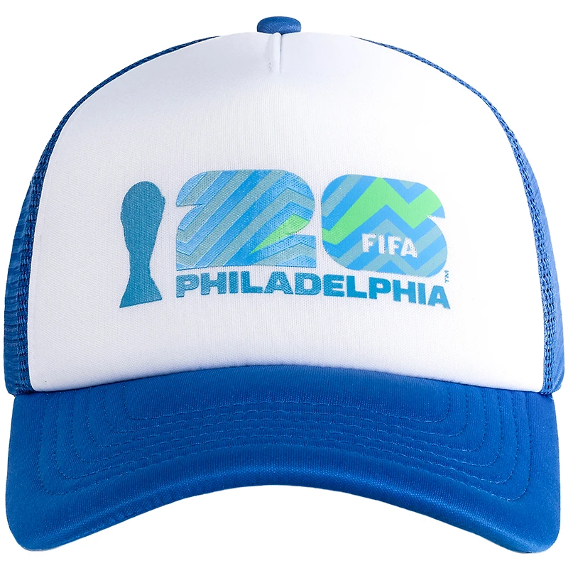 Casquette trucker unisexe blanche et bleue FIFA Coupe du Monde 2026 Philadelphie, en mousse, ajustable