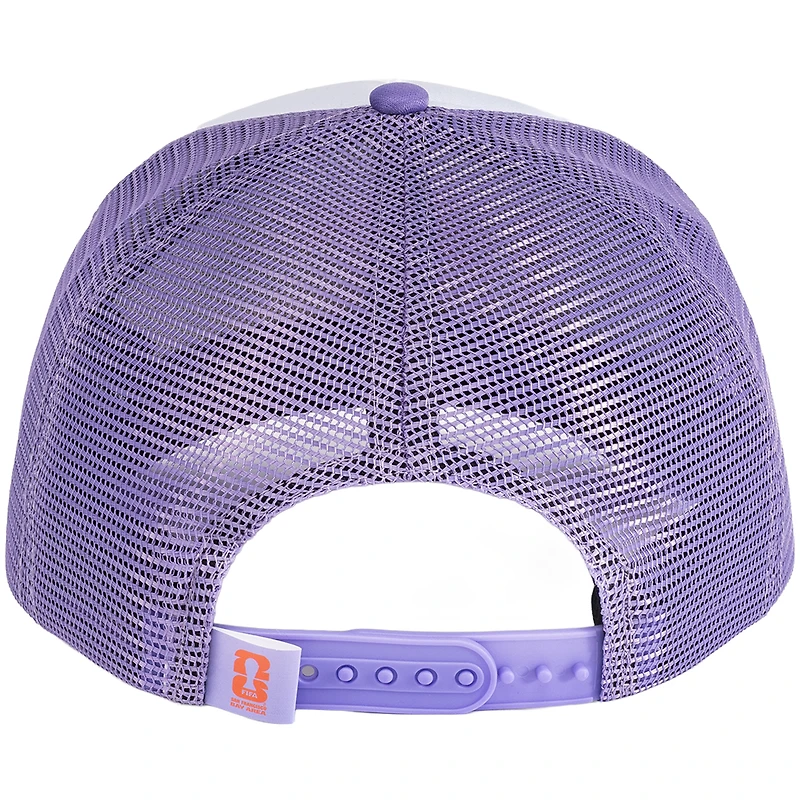 Casquette trucker unisexe blanche/violette, modèle phare de la Coupe du Monde de la FIFA 2026 dans la région de la baie de San Francisco, en mousse ajustable