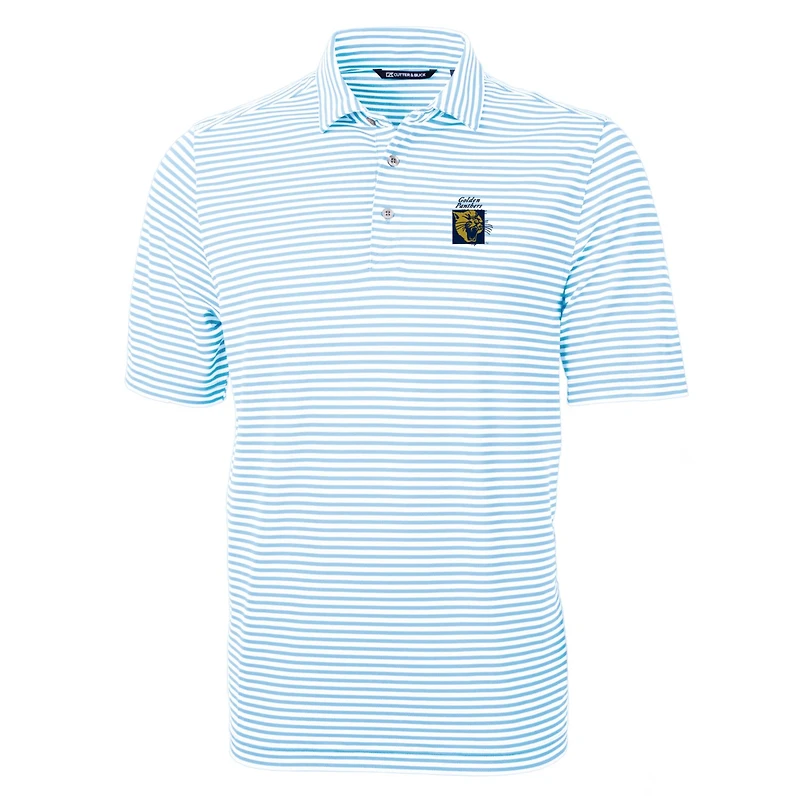 Polo Cutter & Buck bleu clair pour homme, grandes tailles, logo de l'équipe FIU Panthers, en piqué écologique à rayures recyclées.