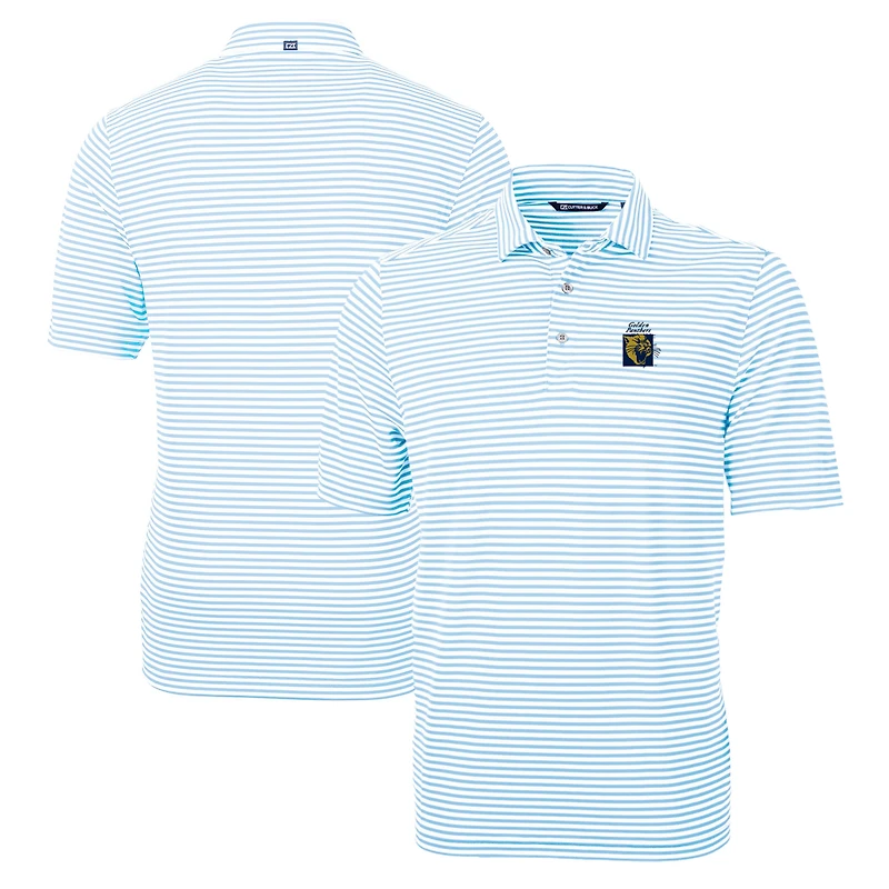 Polo Cutter & Buck bleu clair pour homme, grandes tailles, logo de l'équipe FIU Panthers, en piqué écologique à rayures recyclées.