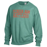 Men's ComfortWash Green Florida A&M Rattlers Garment Dyed Fleece Crewneck Pullover Sweatshirt