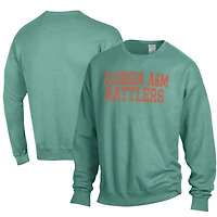 Men's ComfortWash Green Florida A&M Rattlers Garment Dyed Fleece Crewneck Pullover Sweatshirt