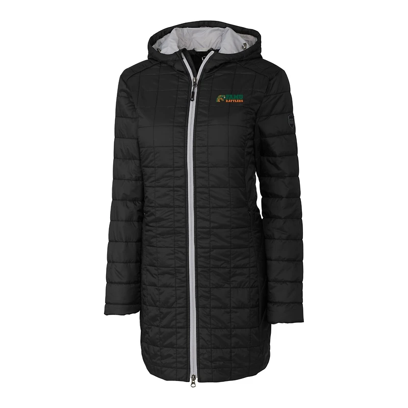 Manteau long à capuche Rainier Primaloft Eco pour femme, noir, des Florida A&M Rattlers Cutter & Buck