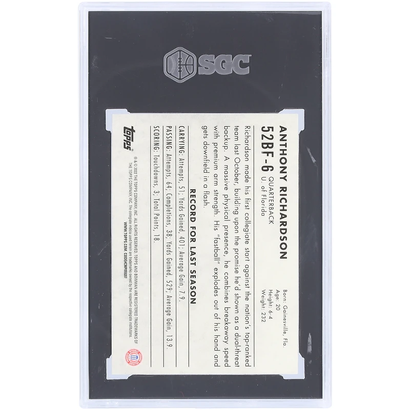 Anthony Richardson Florida Gators 2022 Bowman Chrome U 52' Bowman Design #52BF-6 SGC Authenticated 9.5 Card