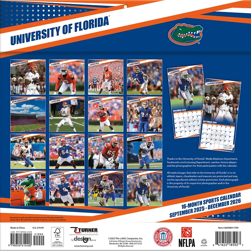 Florida Gators 12” x 12” 2026 Team Wall Calendar