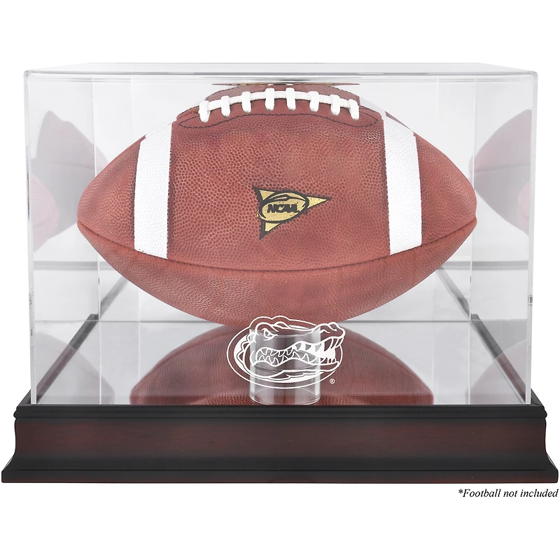 Vitrine de présentation du logo de football des Florida Gators avec base en acajou et dos en miroir