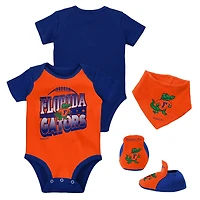 Ensemble de 3 bodys, bavoirs et chaussons Mitchell & Ness Royal/Orange Florida Gators pour bébé
