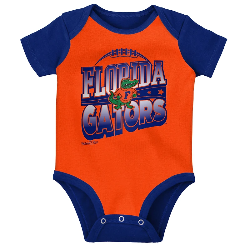 Ensemble de 3 bodys, bavoirs et chaussons Mitchell & Ness Royal/Orange Florida Gators pour bébé
