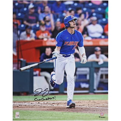 Photo dédicacée de Jac Caglianone (Florida Gators) - 40 x 50 cm (16 x 20 pouces) - frappant un home run - avec inscription « Go Gators »
