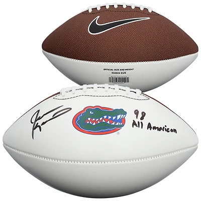 Ballon de football américain Nike à panneau blanc autographié par Jevon Kearse des Florida Gators, avec inscription « 98 All American ».