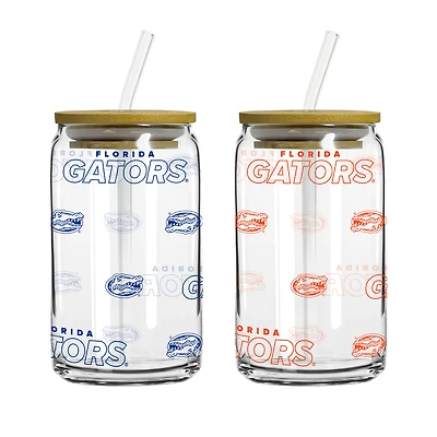 Logo Brands Florida Gators 16oz. Step And Repeat Glass Can with Lid & Straw 2-Pack