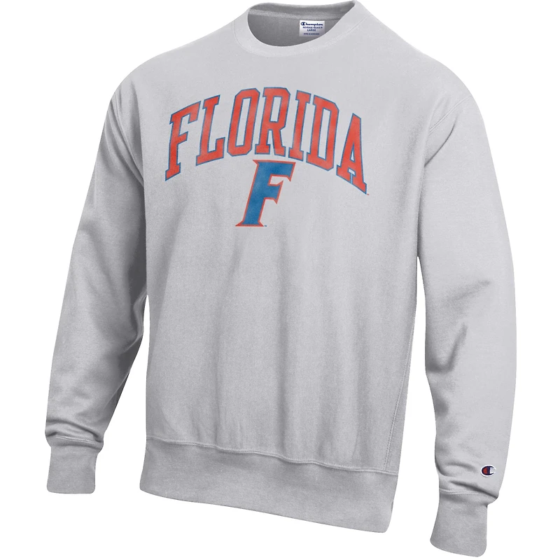 Men's Champion Gray Florida Gators Distressed Arch Over Logo Reverse Weave Crew Neck Sweatshirt