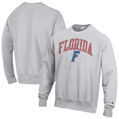 Men's Champion Gray Florida Gators Distressed Arch Over Logo Reverse Weave Crew Neck Sweatshirt